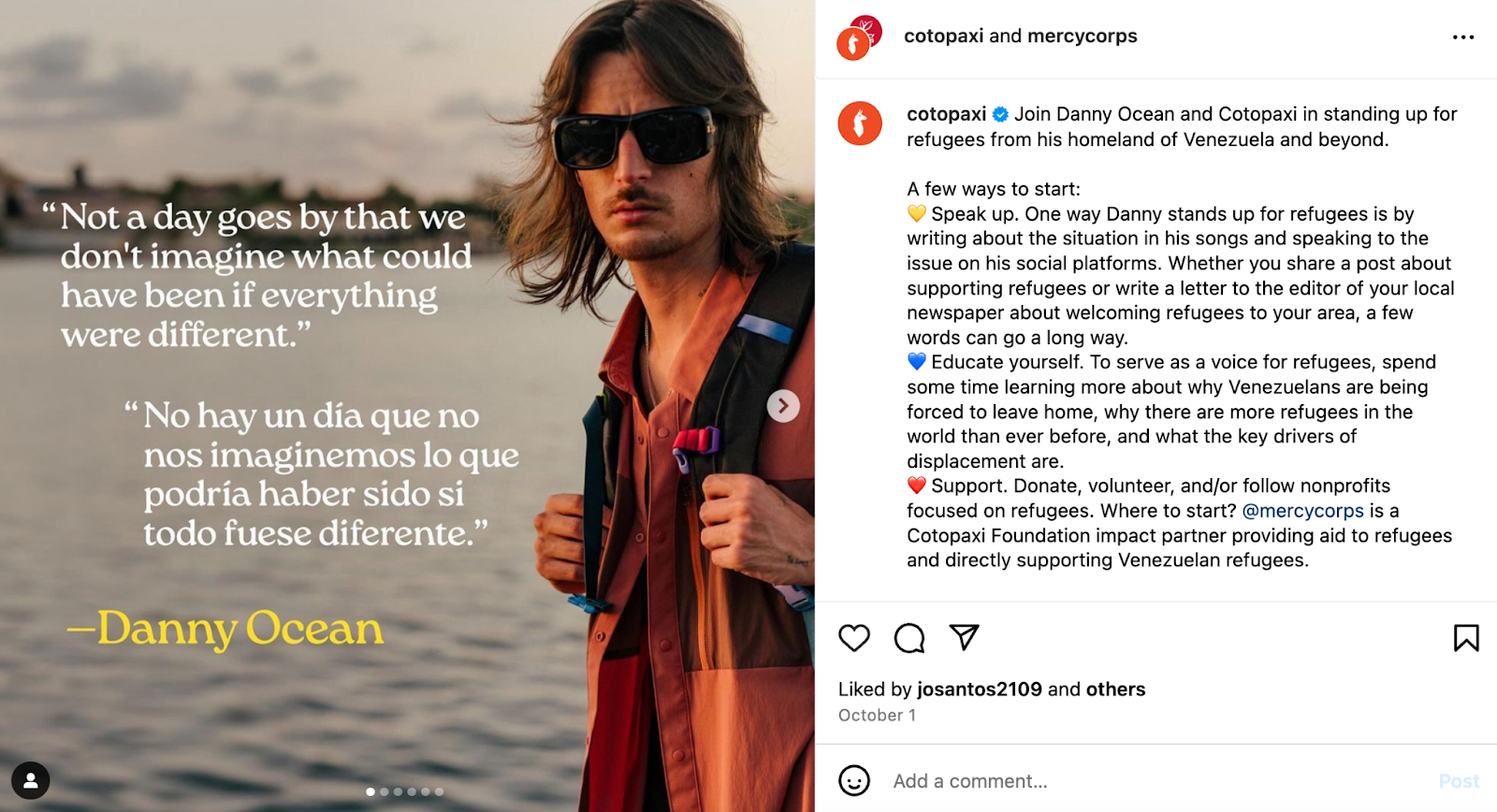 Cotopaxi’s collaboration with Venezuelan musician Danny Ocean in support of refugees.